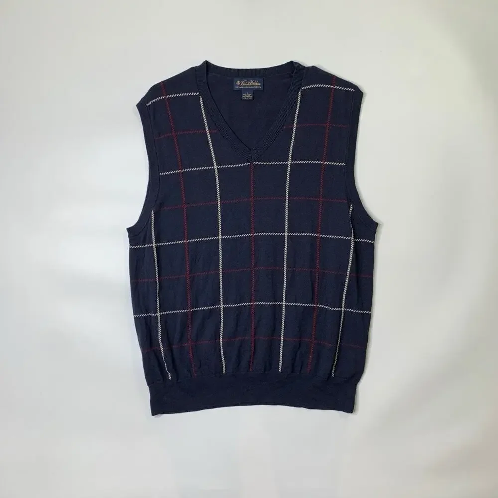 Brooks Brothers Sweater Vest Men L Large Navy Cotton Cashmere Blend V Neck Plaid